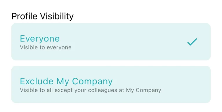 Company incognito settings hiding a MarryMo profile from colleagues at the same company
