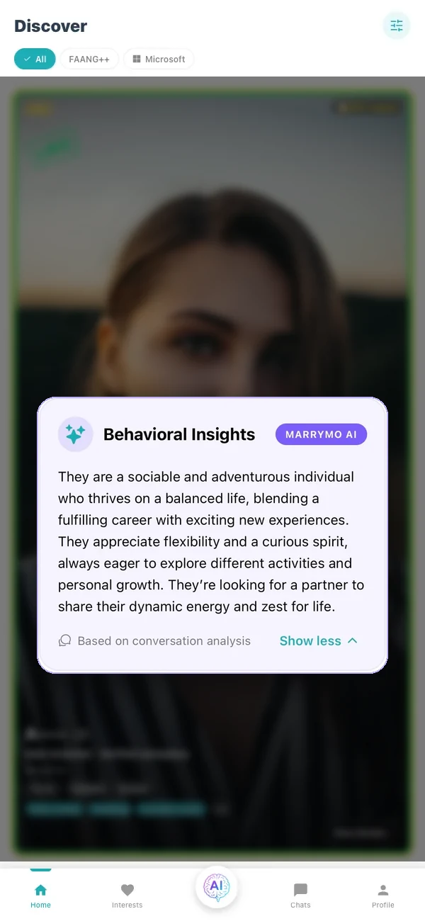 A MarryMo profile showing the Behavioral Insights summary Mo wrote from the member's own conversation