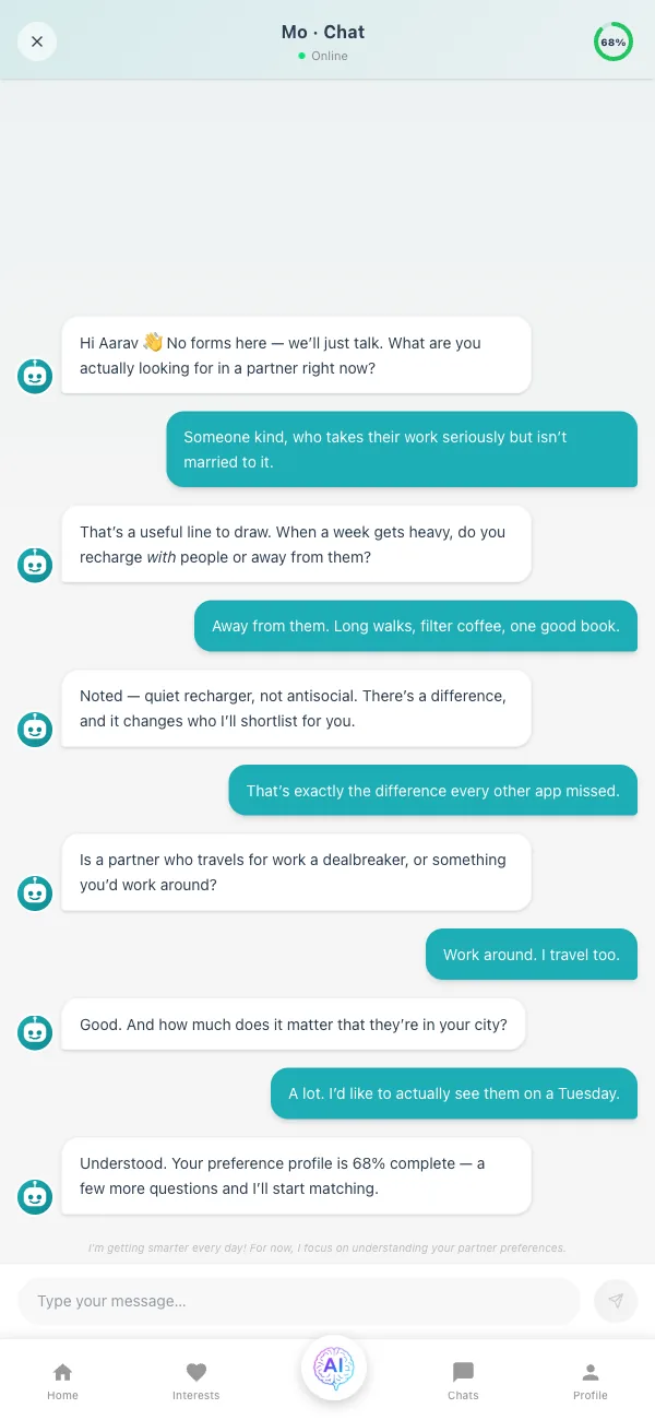Chatting with Mo, the MarryMo AI matchmaker, about what matters in a partner instead of filling a profile form