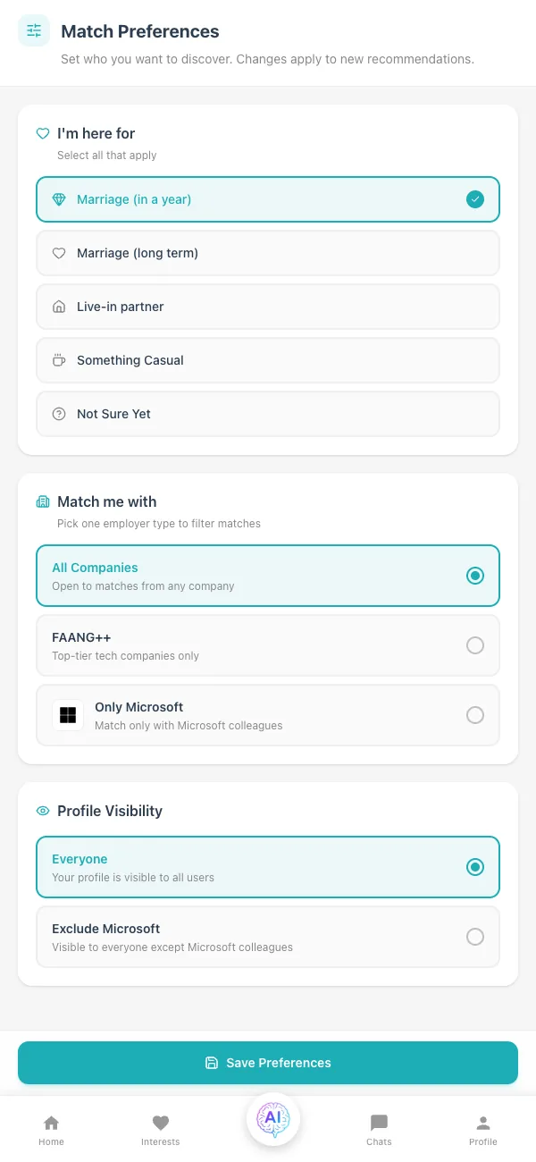 MarryMo match preferences screen setting who to be matched with and whether colleagues can see the profile
