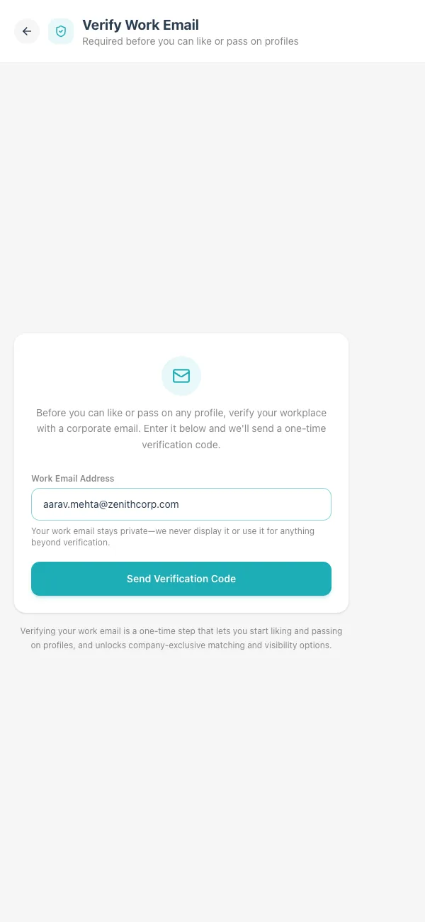 MarryMo work email verification screen sending a one-time code to a corporate email address